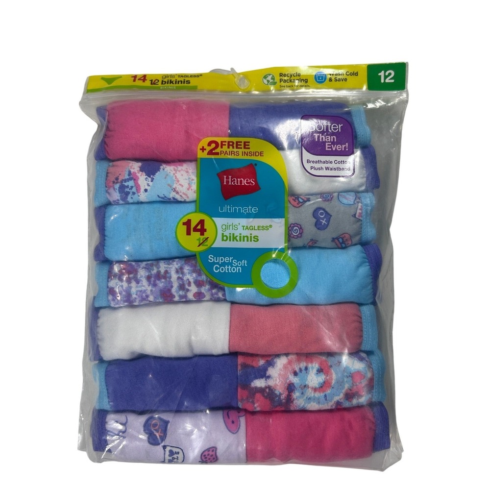 Hanes Ultimate Girls Tagless Bikinis 14 Pack Sizeโ 12 Multicolor Cotton NEW